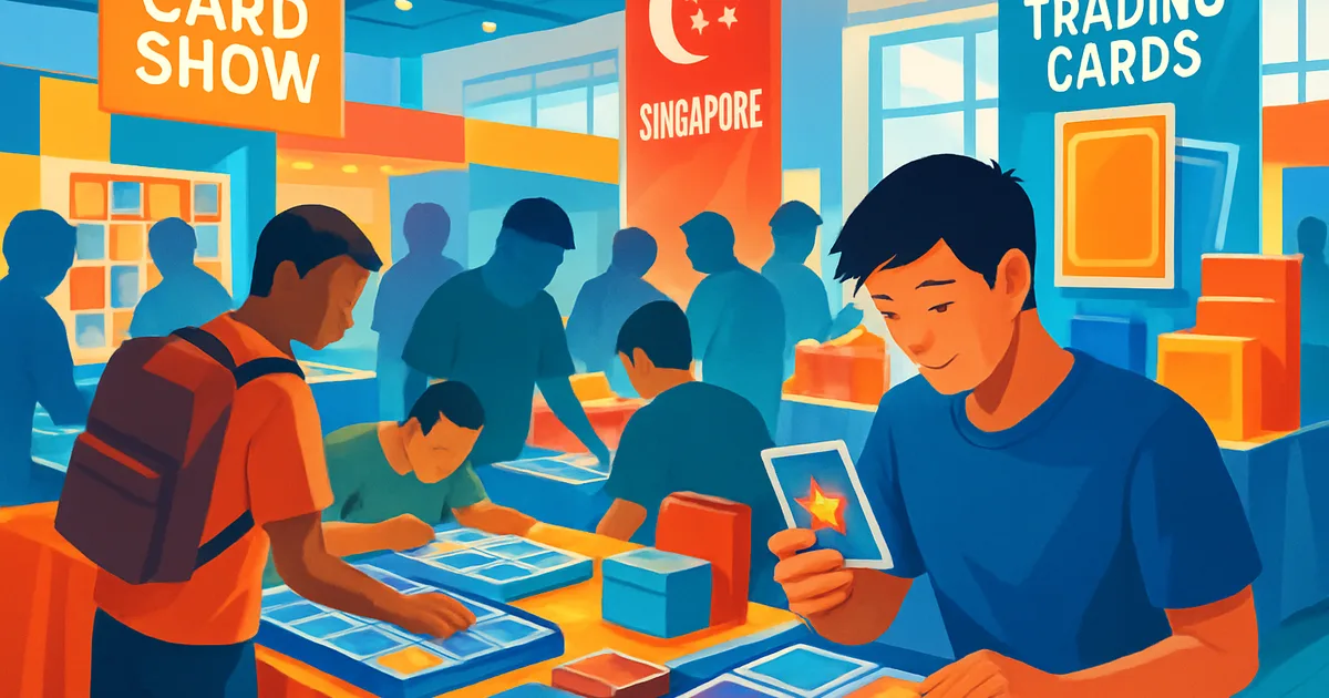 Generic editorial illustration of trading-card collectors and displays representing Card Shows & Events in Singapore.