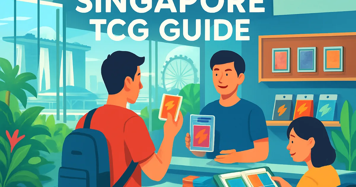 Generic editorial illustration of trading-card collectors and displays representing Singapore TCG News in Singapore.