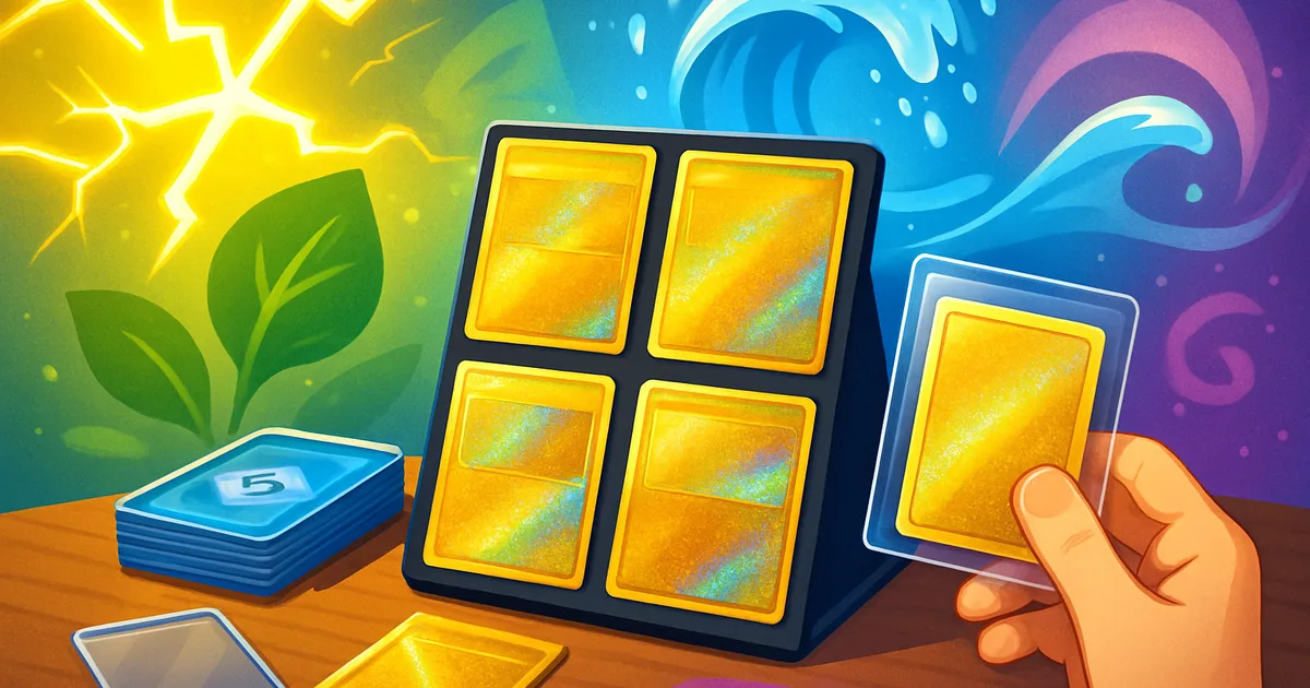 Generic editorial illustration of trading-card collectors and displays representing Pokémon TCG in Singapore.