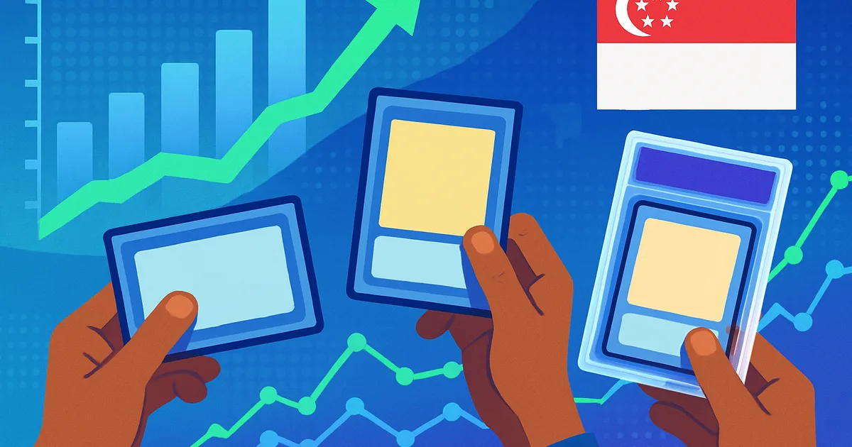 Generic editorial illustration of trading-card collectors and displays representing Market & Price Guides in Singapore.