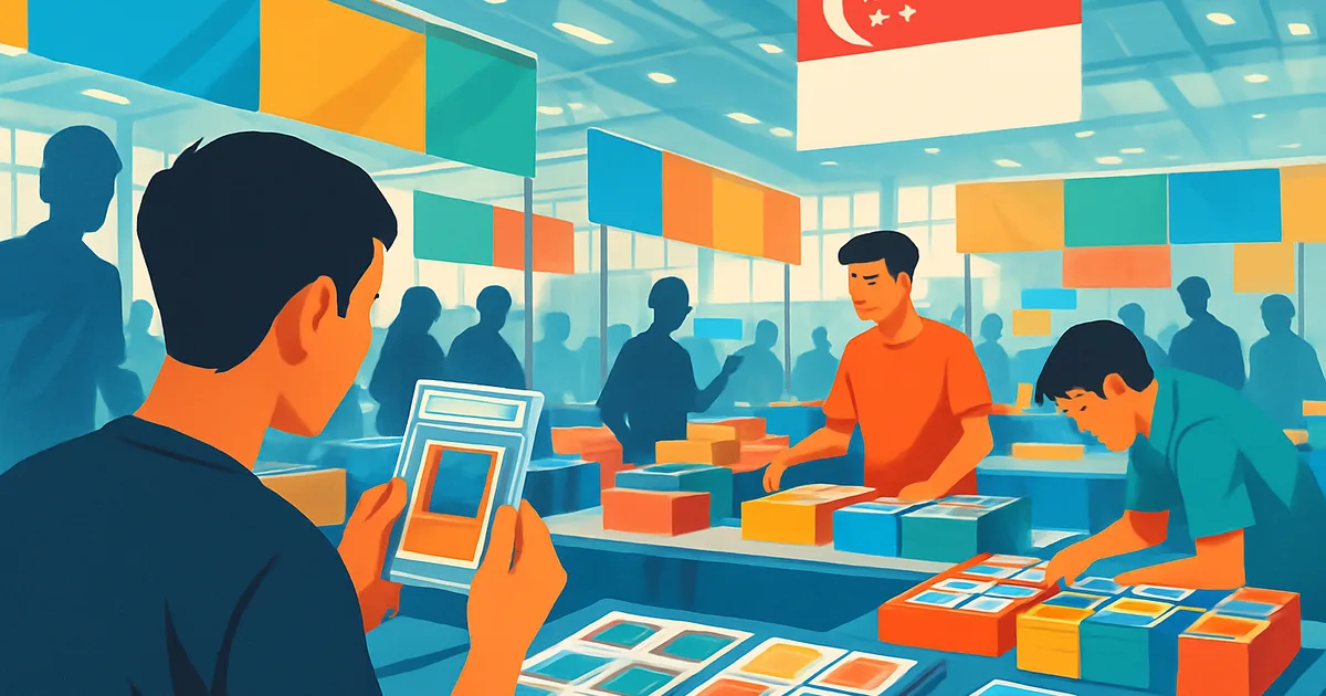 Generic editorial illustration of trading-card collectors and displays representing Card Shows & Events in Singapore.