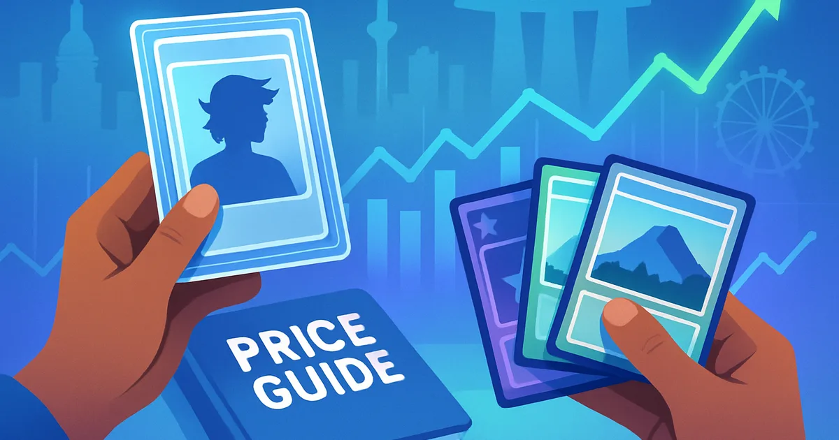 Generic editorial illustration of trading-card collectors and displays representing Market & Price Guides in Singapore.