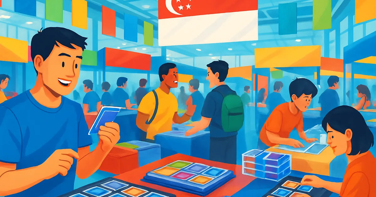 Collector checking trading cards before buying at a card show in Singapore