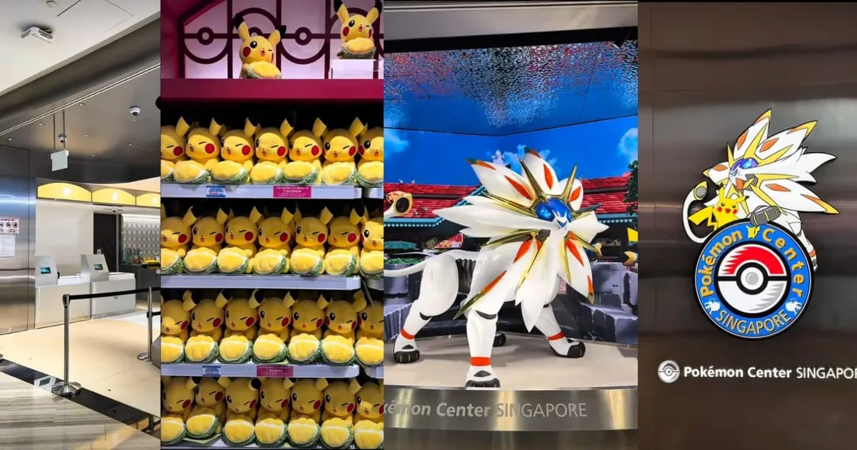 Pokémon Center Singapore store interior with shelves of Pikachu and Solgaleo plush toys and the Pokémon Center Singapore logo.