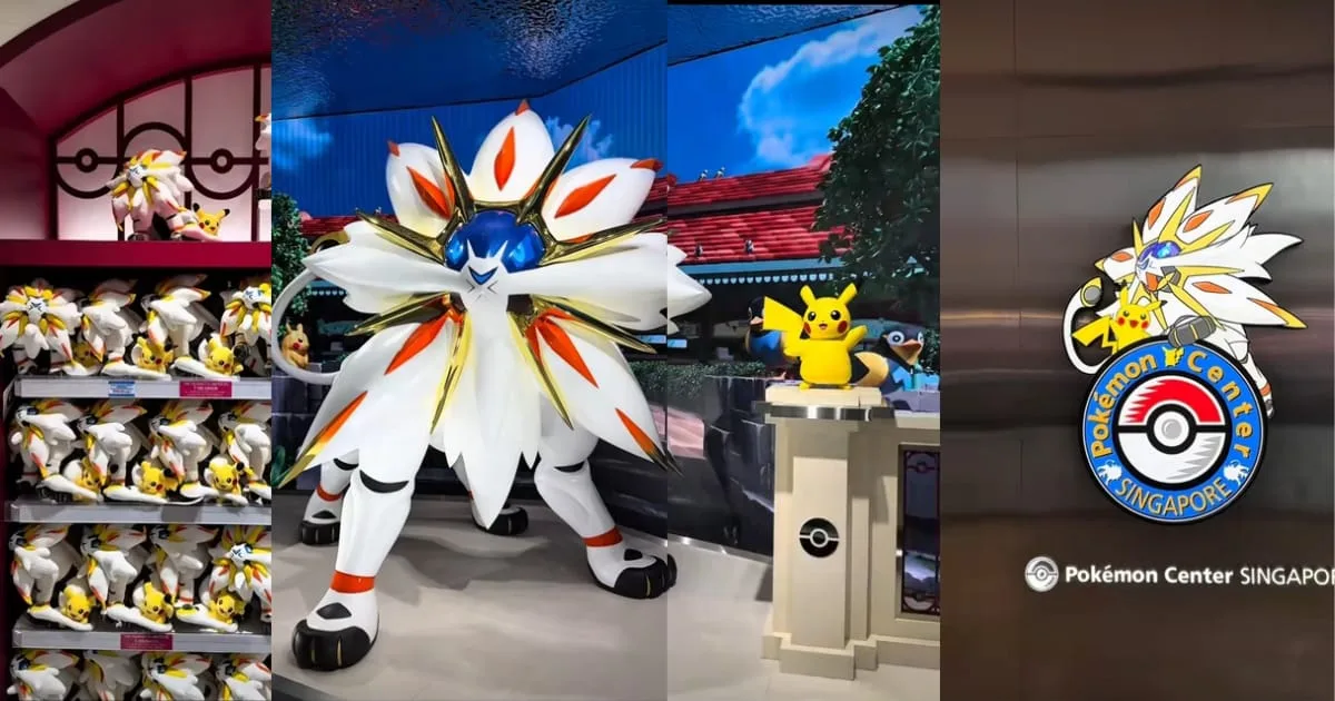 Interior of the reopened Pokémon Center Singapore showing the large Solgaleo statue, plush displays and the Pokémon Center Singapore signage.